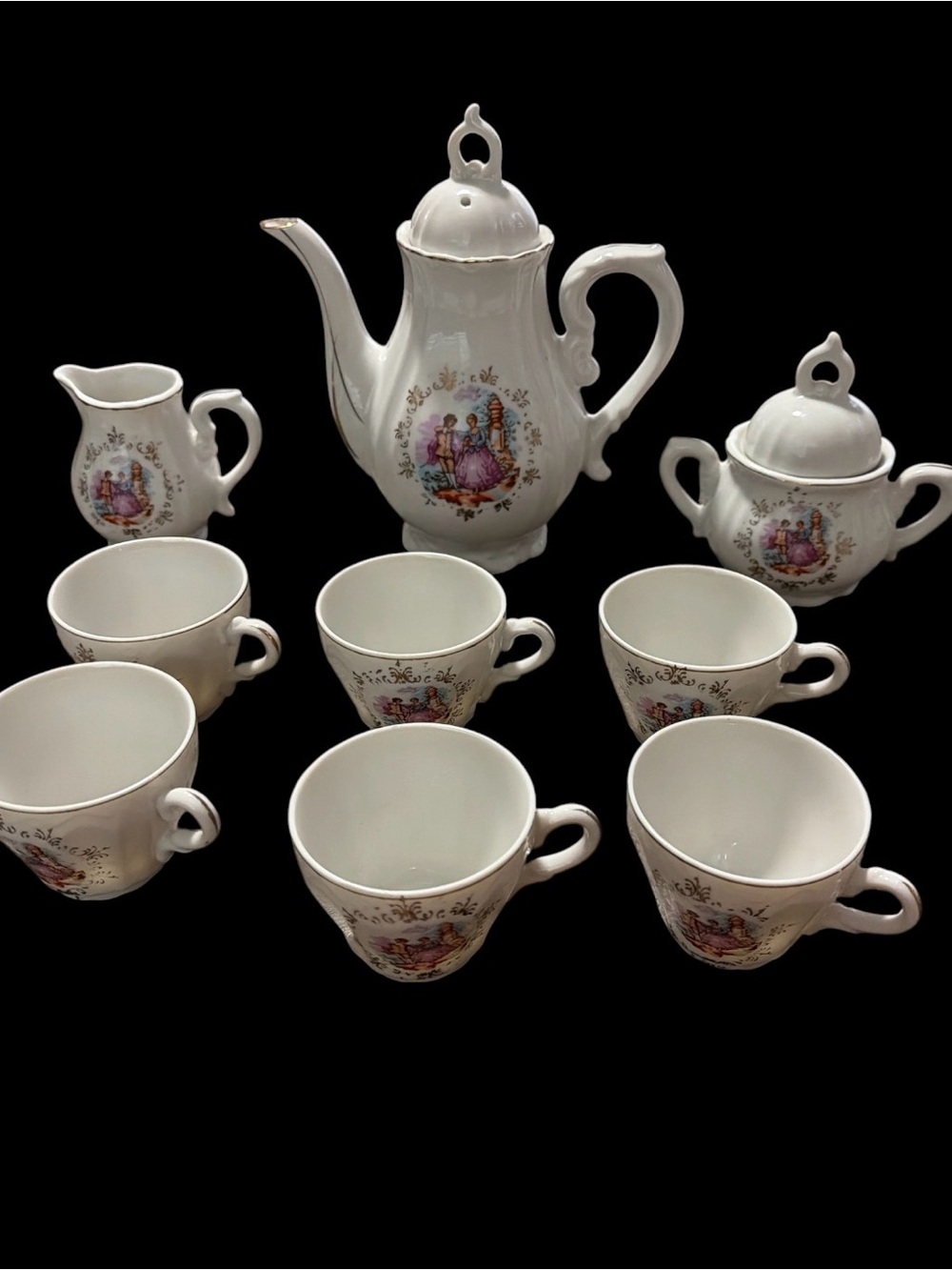 Vintage Japan Musical Demitasse Tea Set Courting Couple 9-Pc Gold Trim